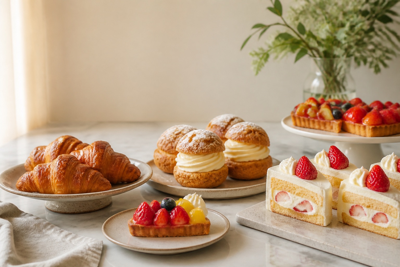 明るい店内に並ぶシュークリーム、苺のショートケーキ、フルーツタルト
